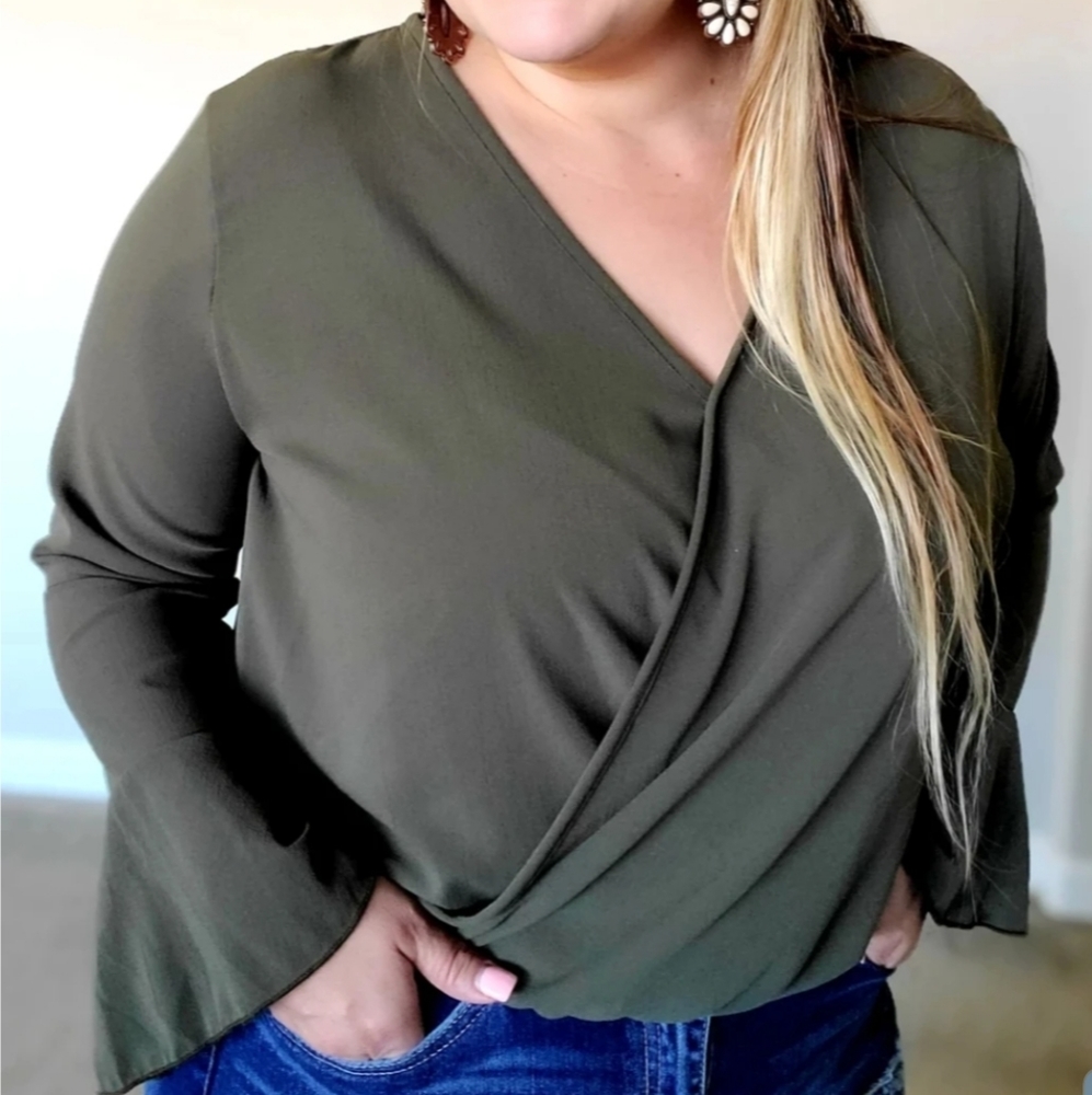 Olive Plus Size Bell Sleeves Blouse